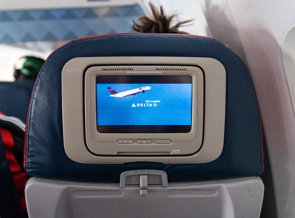 Media display on back of passenger seat on Delta aircraft. March 17, 2023