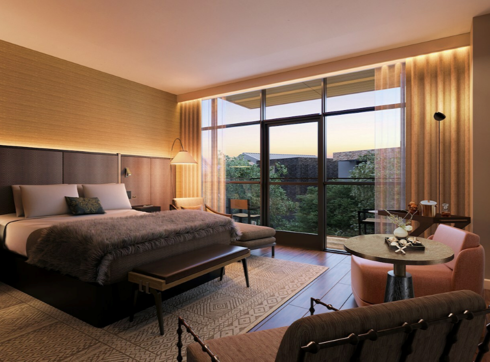A modern hotel room with brown decor has a floor to ceiling window overlooking treetops in Fort Worth.