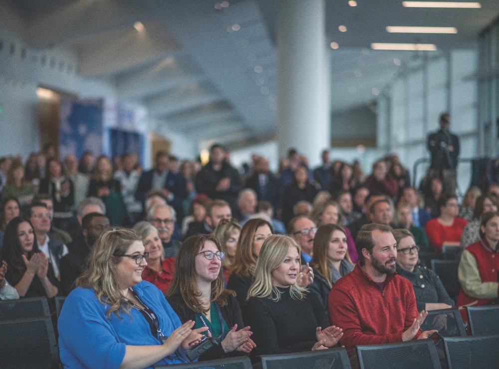 Attendees at ribbon-cutting ceremony for Colorado Convention Center expansion. Feb. 13, 2024