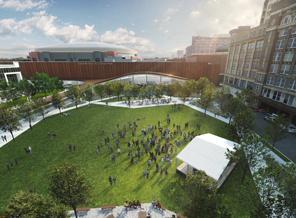 Rendering of new outdoor green space for events at America's Center Convention Complex. May 15, 2024