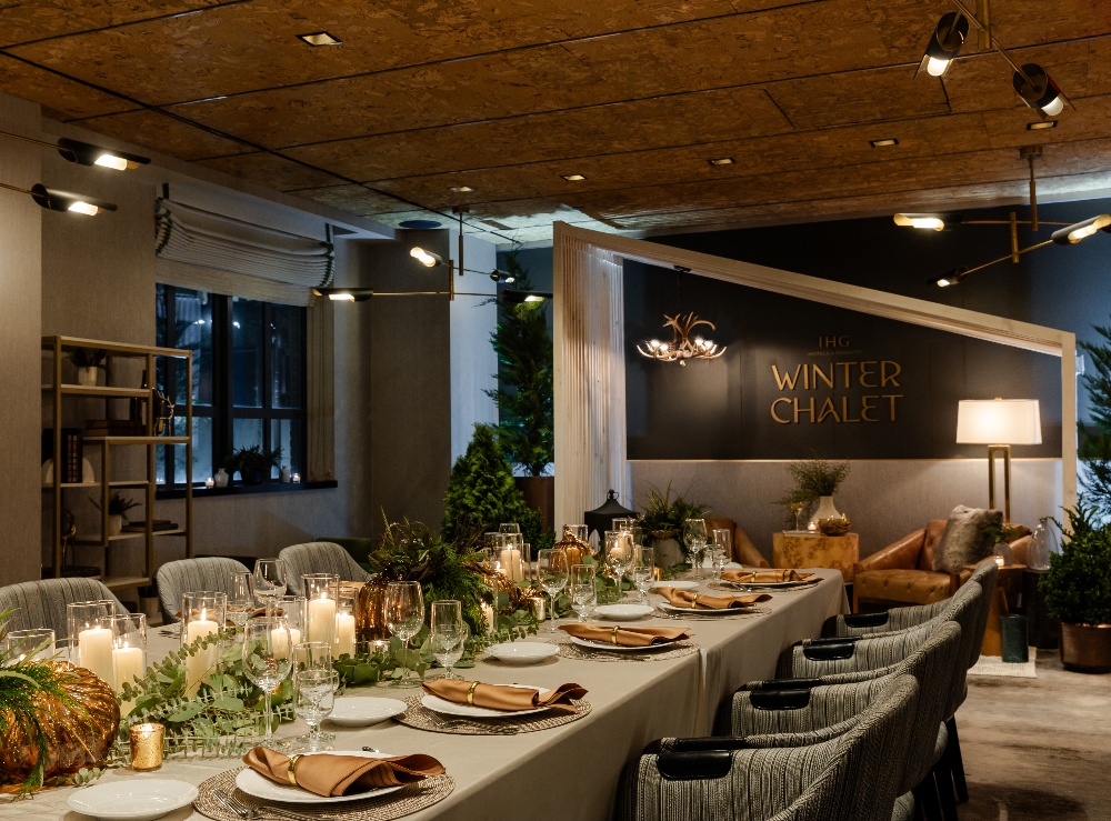 Winter Chalet group dining setup with seasonal decor at Kimpton Hotel Palomar Philadelphia in Pennsylvania. November 25, 2024