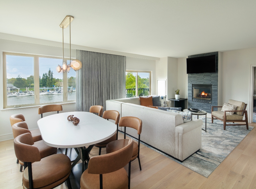 Presidential Suite living room and dining area with view of Sacramento River. January 14, 2025