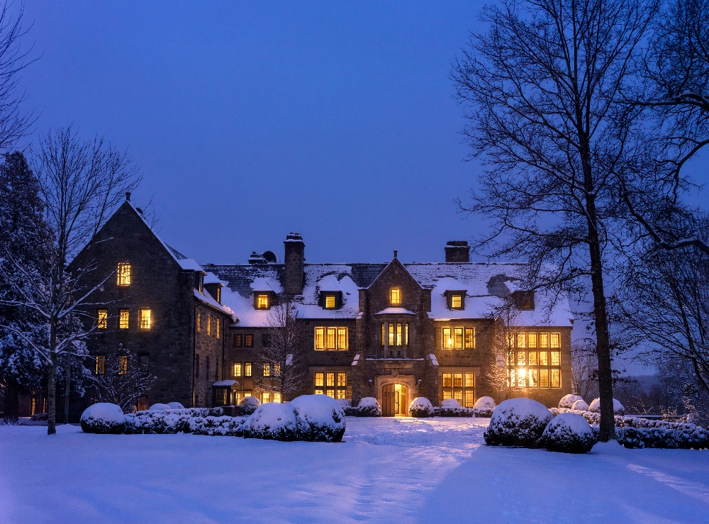 Nighttime winter image of The Ranch Hudson Valley main building. April 18, 2025