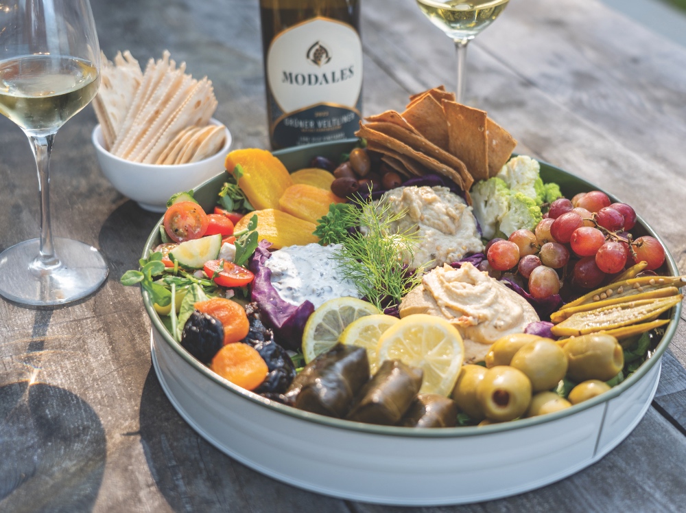 12.19.25 Shareable farm-to-table plate with wine at The Fields of Michigan in South Haven, Michigan