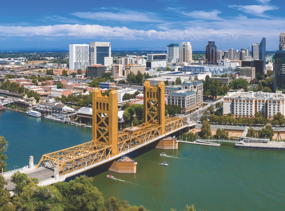Downtown Sacramento and the Tower Bridge across the Sacramento River