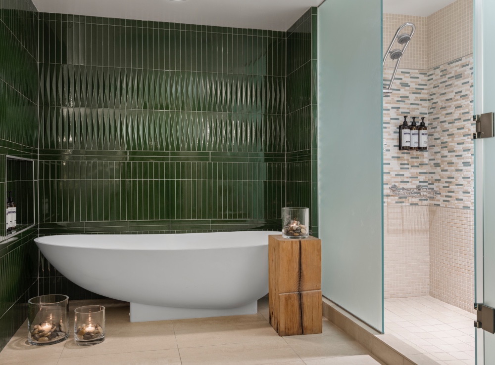 7.8.26 Hyatt Lodge Oak Brook renovated bathroom in the Evergreen Suite