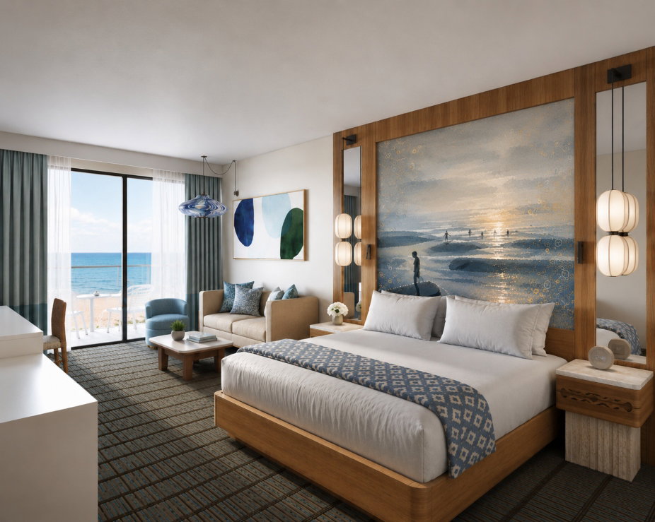 Rendering of a refreshed guest room at Paséa Hotel & Spa in Huntington Beach
