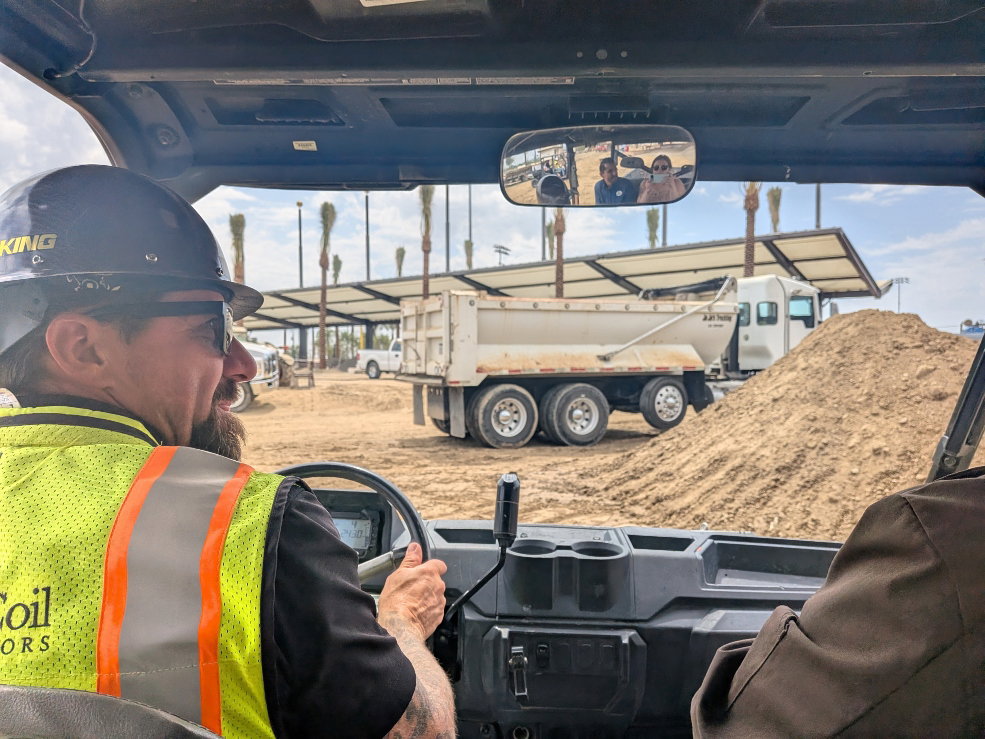 California Meetings + Events Senior Editor Linden M. Bayliss (seen in rearview mirror) takes a tour of the complex construction site in mid-August.
