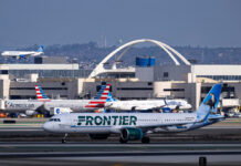 New Air Routes Abound Los Angeles Intl. Airport 1-18-2025 Inglewood, CA USA Frontier Airlines Airbus A321Neo N650FR departure from 25R at Los Angeles International Airport